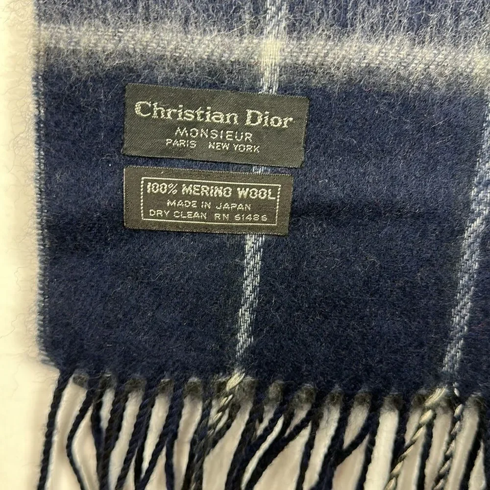 Christian Dior Monsieur Merino Wool Windowpane Fringe Trim Scarf